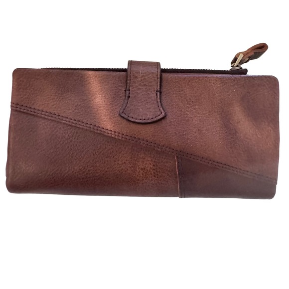 LETEULO Brown‎ Leather Wallet Clutch Snap Closure Zip Around preloved 7.5x3.75 - Picture 2 of 13